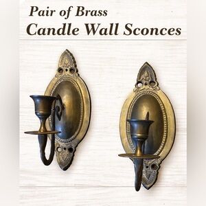 Pair Vintage Brass Wall Mount Sconce Candlestick Holder Pewter Finish With detai